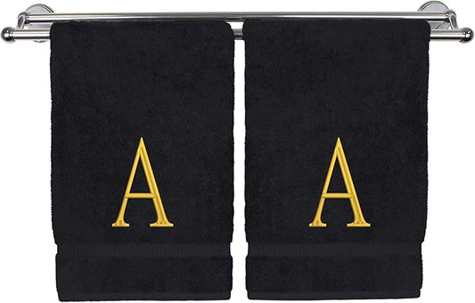 Monogrammed Hand Towel, Personalized Initial Gift, Extra Absorbent 100% Turkish Cotton - Soft Terry Finish - Set of 2 - Gold Block Initial A - Embroidered on Black Towels