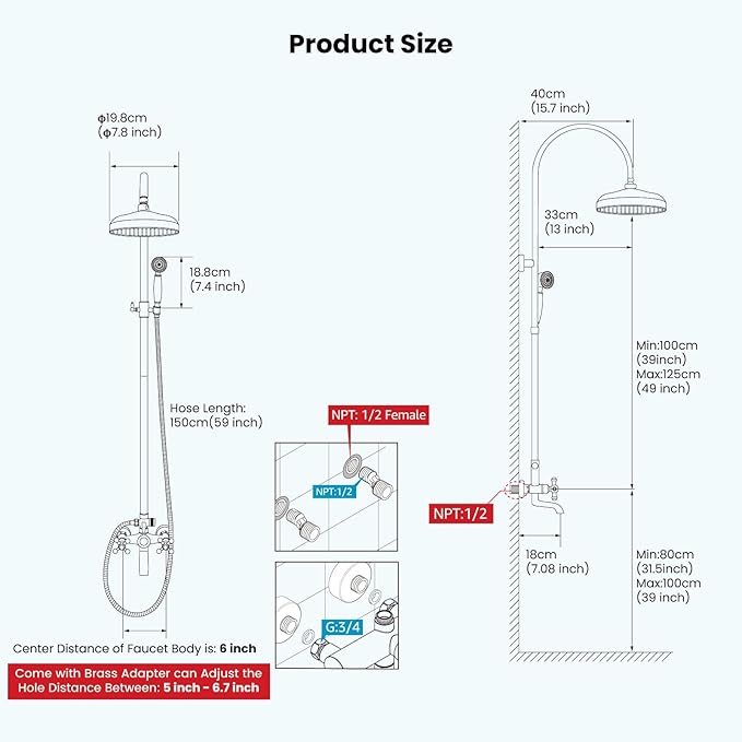 gotonovo Exposed Bathroom Shower System Classic Shower Kit 8 Inch Luxurious Rainfall Shower Head Handheld Spray Tub Filler Brass Pipe 3-Function Wall Mount Double Cross Knobs Brushed Nickel