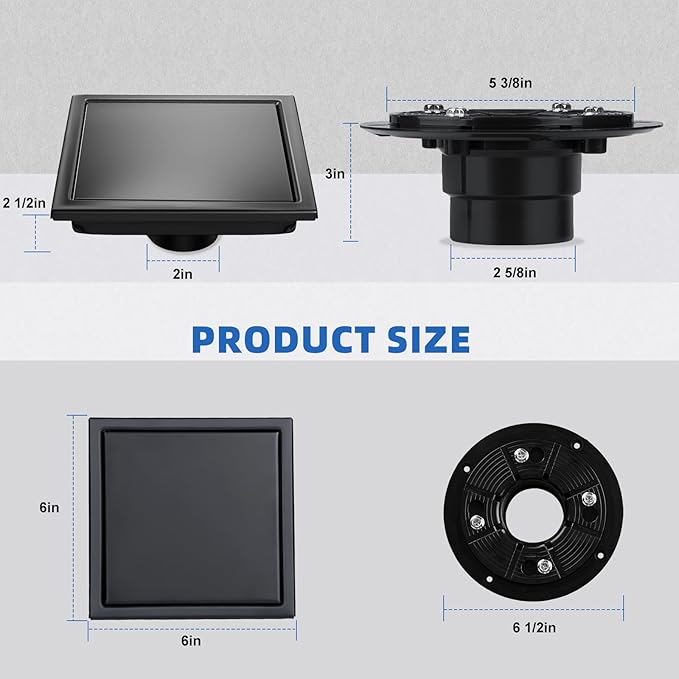 morefine Square Shower Floor Drain with Flange, Shower Drain 6 inch with 2 in 1 Tile-Insert Cover, SUS 304 Stainless Steel, Matte Black