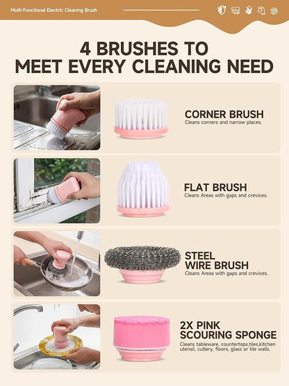 Electric Spin Scrubber, Cordless Cleaning Brushes, Pink Dish Brush kit, Gift for Woman, for Bathroom/Kitchen/Floor/Home/Grout/Tile, IP66 Waterproof Household Cleaning Supplies, Apartment Essentials
