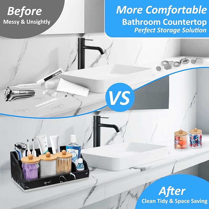 Bathroom Counter Organizer, Black Marble Toothbrush Holders for Bathrooms Organizer Countertop with 3PCS Qtip Holder, Toothbrush and Toothpaste Holder for Bathroom Organization Storage Vanity