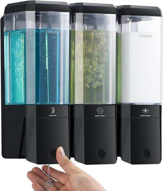 Shampoo and Conditioner Dispenser Wall Mounted No Drill, Shower Soap Dispenser 3 Chamber Shampoo Conditioner Body Wash Refillable 3 * 17oz Shower Soap Dispenser for Bathroom Hotel, Black+Clear