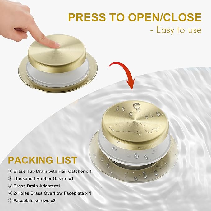 Brushed Brass Bathtub Drain Stopper and Overflow Kit, Solid Brass Tip-Toe Bath Tub Drain with Hair Catcher - Universal Coarse/Fine Thread, Bathroom Bathtub Plug Replacement, 11.5/16 UNC