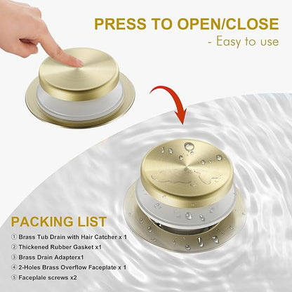 Brushed Brass Bathtub Drain Stopper and Overflow Kit, Solid Brass Tip-Toe Bath Tub Drain with Hair Catcher - Universal Coarse/Fine Thread, Bathroom Bathtub Plug Replacement, 11.5/16 UNC