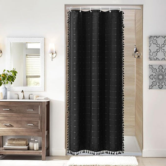 MitoVilla Black Boho Small Stall Shower Curtain Set 36 x 72, Farmhouse Narrow Polyester Linen Fabric Shower Curtains for Bathroom Decor, Half Size Cloth Shower Curtain Set with Hooks