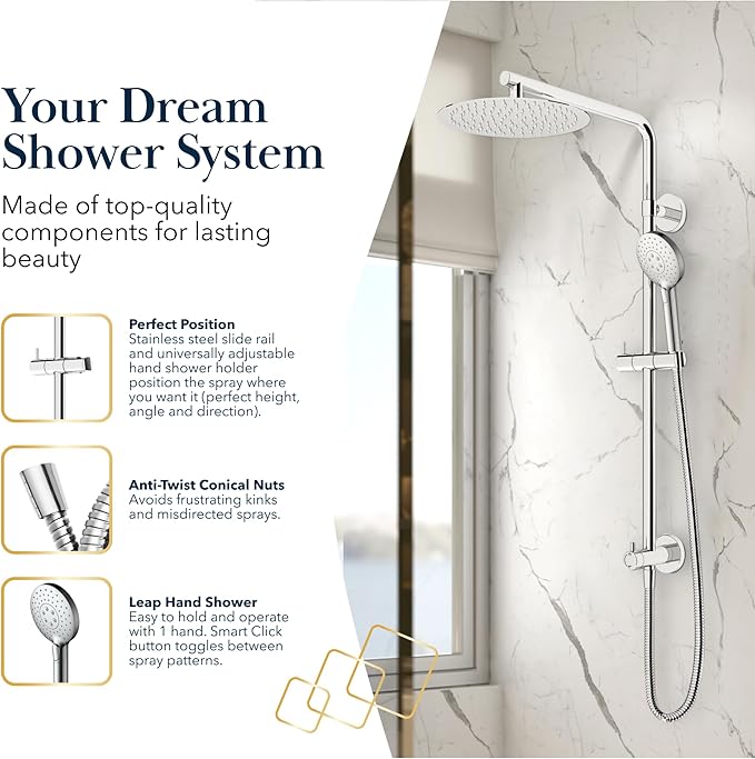 BATH ROYALE Rain Shower Head & Detachable Handheld Spray Combo, Easy Install & 3 Spray Modes, Brushed Nickel