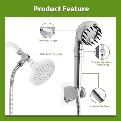 Hygie Rinse Handheld Dog Shower Attachment with Massage Head for Fast and Easy Dog Bathing and Cleaning, Included Garden Adapter for Indoor and Outdoor Dual Use, Handheld Sprayer with Hose, Chrome