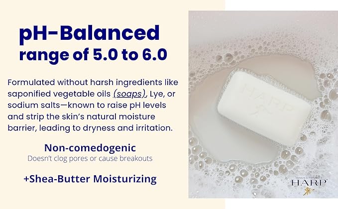 HARP pH-Balanced (5.0-6.0) Exfoliating Body Wash Bar - FRAGRANCE FREE. Bamboo Powder Exfoliation -the perfect consistency. Soap/Lye/Preservative/Dye/Masking agent-Free. Non-comedogenic.