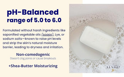 HARP pH-Balanced (5.0-6.0) Exfoliating Body Wash Bar - FRAGRANCE FREE. Bamboo Powder Exfoliation -the perfect consistency. Soap/Lye/Preservative/Dye/Masking agent-Free. Non-comedogenic.