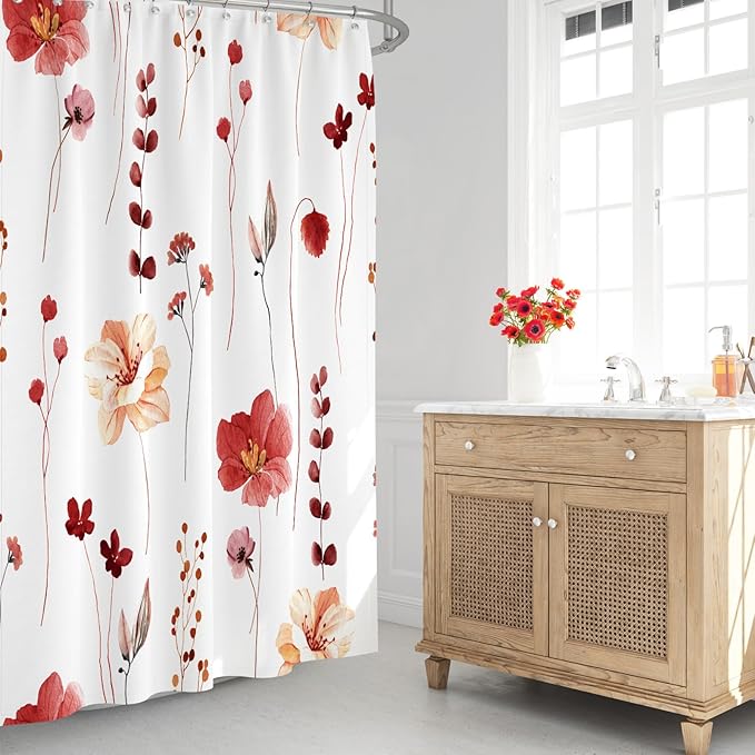 Gibelle Watercolor Floral Shower Curtain, Red Beige Flower Shower Curtain for Bathroom, Modern Minimalist Waterproof Fabric Shower Curtain Set 72x72 Inch