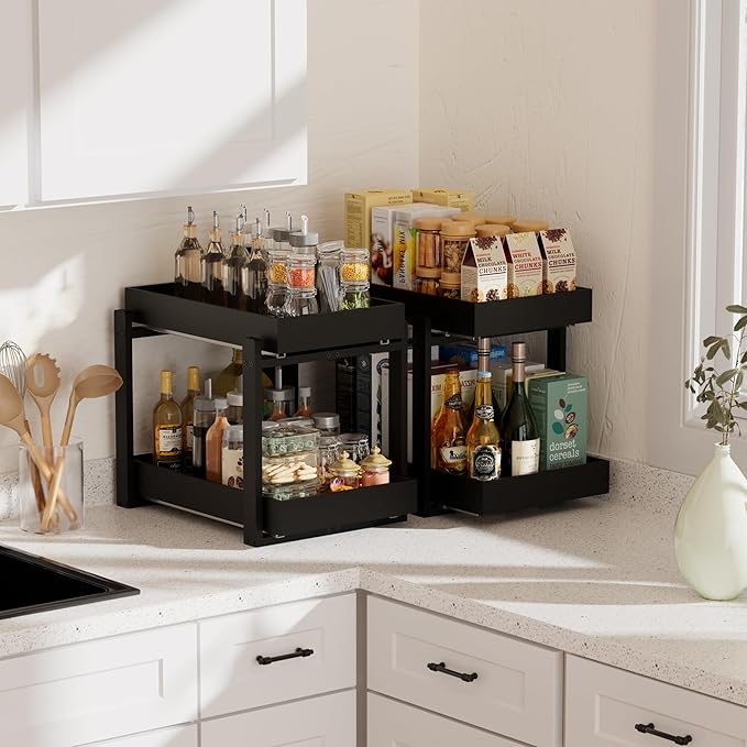 2 Pack Under Sink Organizer, Bamboo Wooden 2-Tier Pull-Out Storage with Sliding Drawers for Kitchen and Bathroom Cabinets, Easy Installation (Black, 2 Packs)