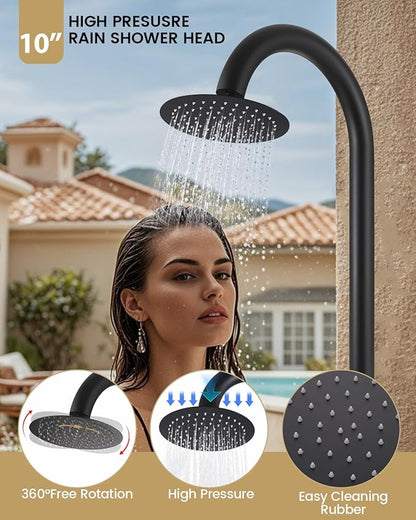 316 Marine Grade Stainless Steel Free Standing Outdoor Shower with Foot Wash, 3-Function Matte Black Shower Kit with 10''Rain Shower Head,Outdoor Shower Fixture for Yard Beach Poolside Garden