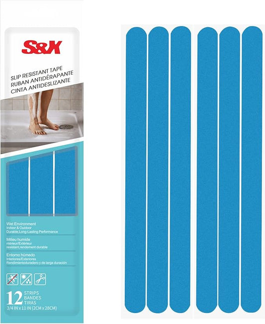 S&X Non Slip Bath Stickers,Gritty Textured Slip-Resistant Treads,0.75-Inch by 11-Inch,12 Strips Per Pack (Blue)