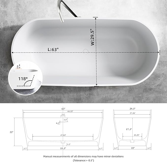 63'' Freestanding Solid Surface Resin Stone Bathtub, Freestanding Tub, Contemporary Design Stand Alone Tub with Pop-up Drain and Overflow, cUPC Certified,