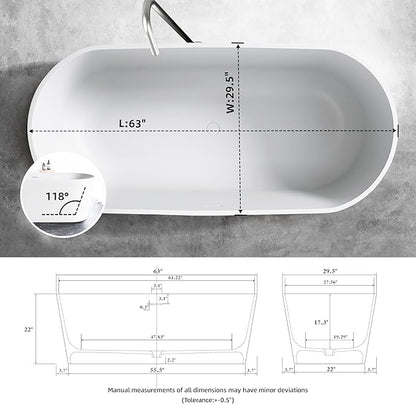 63'' Freestanding Solid Surface Resin Stone Bathtub, Freestanding Tub, Contemporary Design Stand Alone Tub with Pop-up Drain and Overflow, cUPC Certified,