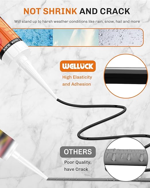 WELLUCK Black Silicone Caulk, 100% Waterproof Silicone Sealant Adhesive Caulking,for RV, Kitchen,Bathroom, Window, Door, Glass,10.2FL.OZ/300ML（4 Pack）