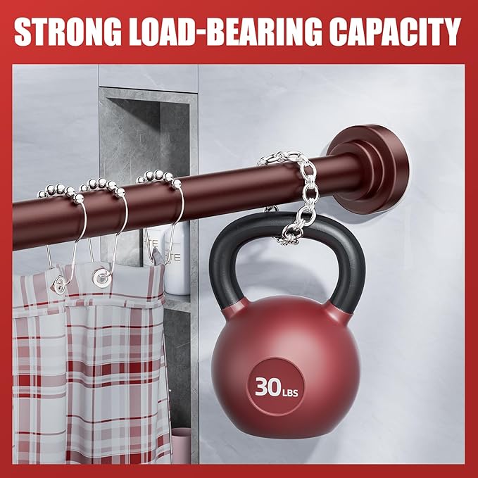Ausemku Shower Curtain Rod - 32-68 Inch Rustproof Tension Rod, Non-Slip Spring Design, No Drilling Adjustable Curtain Rod for Bathroom, Kitchen, and Closet（Brown）