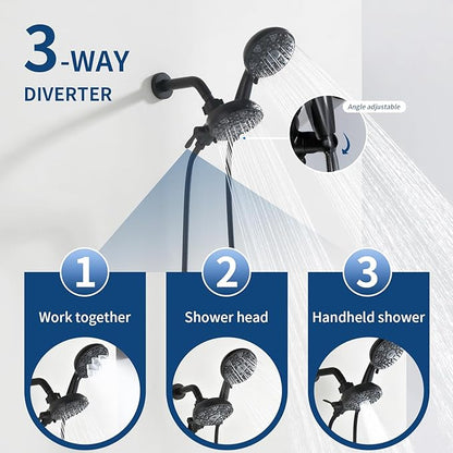 2 Handle Shower Faucet Set with Tub Spout and Shower Head Combo, Matte Black, Wall Mounted, 2 Handles, Brass, Complete Bathtub Shower Trim Kit