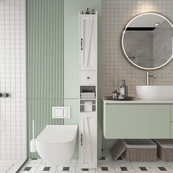 Tall Bathroom Storage Cabinet with Adjustable Shelves, Narrow Storage Cabinet with 2 Doors, Drawer, Toilet Paper Holder, Slim Storage Cabinet for Small Space, Kitchen, Laundry, Entryway, White