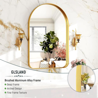 GLSLAND 26”x38“ Gold Arched Bathroom Mirror - Aluminum Alloy Framed Mirrors for Wall- Arch Wall Mirror, Brush Gold Bathroom Mirror for Bedroom