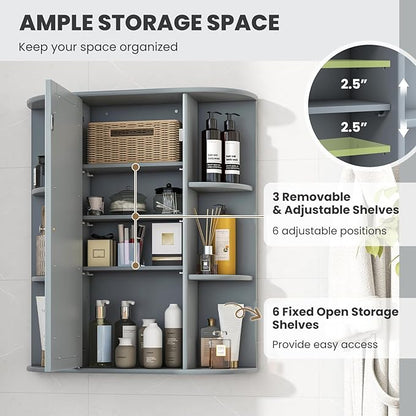 Tangkula Bathroom Medicine Cabinet, Wall Mounted Storage Cabinet with Mirror Door, Removable & 3 Adjustable Shelves, Wooden Hanging Wall Mirror Cabinet for Bathroom Living Room Laundry (Grey)