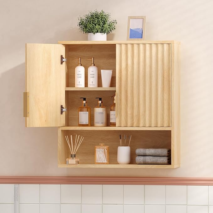 VINGLI Fluted Modern Medicine Cabinet,Bathroom Wall Cabinet Over Toilet Storage, Upper Floating Countertop Storage for Bathroom, Laundry Room,Small Hanging Kitchen Wall Cabinets (Natural Oak Color)
