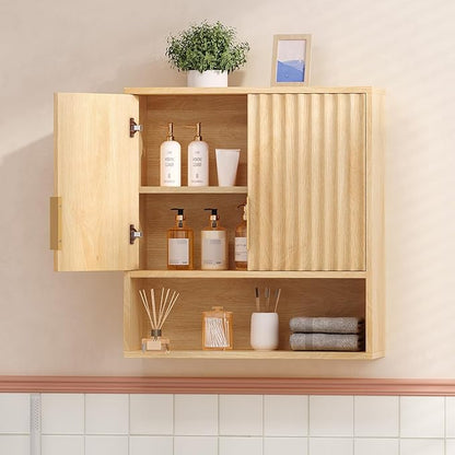 VINGLI Fluted Modern Medicine Cabinet,Bathroom Wall Cabinet Over Toilet Storage, Upper Floating Countertop Storage for Bathroom, Laundry Room,Small Hanging Kitchen Wall Cabinets (Natural Oak Color)