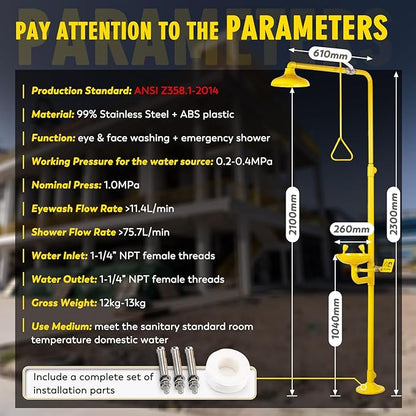 CGOLDENWALL Emergency Shower Eye Wash Station Safty Shower Combination Eye Wash Station with Shower, NPT Thread, with Emergency Sign, 304 Stainless Steel+Yellow Coating