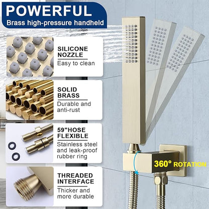 12" Shower Faucet Set Rain Shower System with 6" Wall Mounted Head Full Body Luxury Rain Shower System Rainfall Shower Head with Handheld Combo,3 Way Pressure Balance Valve Kit,Brushed Gold