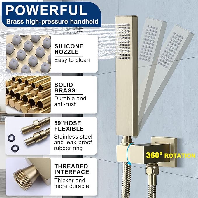 Shower System Dual Shower Heads with 12" Ceiling Mounted Rain Shower Head & 6" Wall Mounted Head Full Body Luxury Rain Shower System 3 Way Pressure Balance Valve Kit, Brushed Gold