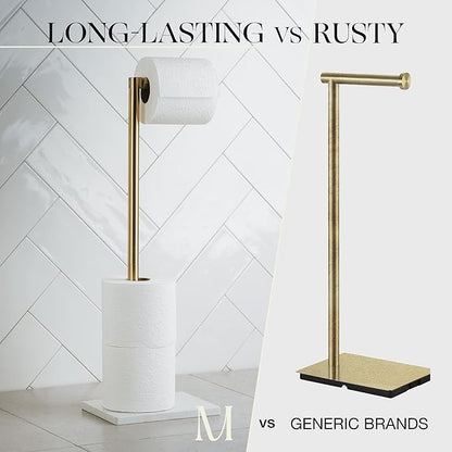 MARMOLUX ACC Free Standing Gold Toilet Paper Holder Stand White Marble Base and Storage | 4 Jumbo Roll Bathroom Hardware Toilet Tissue Organizer | Stainless Steel Bathroom Decor Accessory