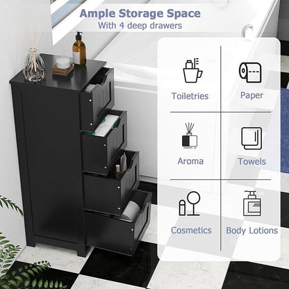 Tangkula Bathroom Floor Cabinet, Freestanding Narrow Side Storage Organizer with 4 Drawers, Multifunctional Towel Cabinet with Anti-Tip Kit for Living Room Laundry Entryway (4 Drawers, Black)