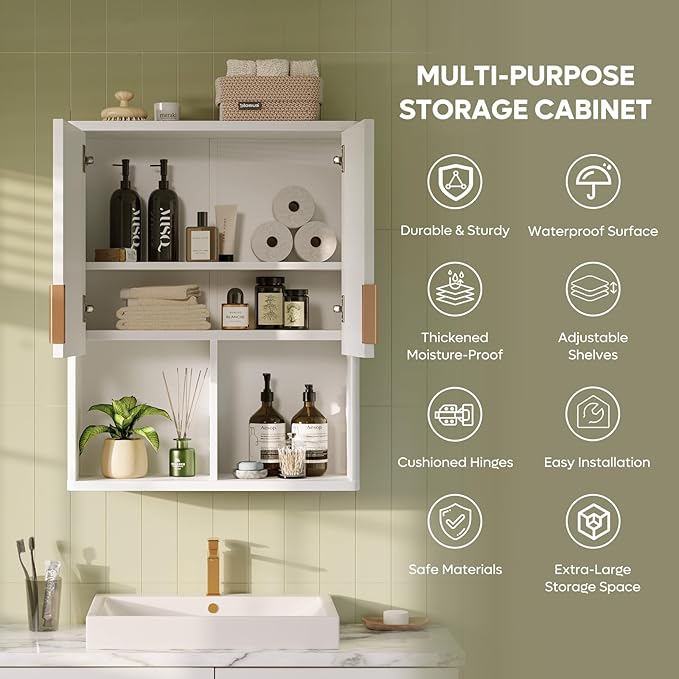 Bestier Fluted Bathroom Wall Cabinet Over The Toilet Storage, 23"x 29" Medicine Cabinet with Adjustable Shelf, Laundry Cabinet Wall Mounted and Kitchen Storage Cabinet(Glossy White)