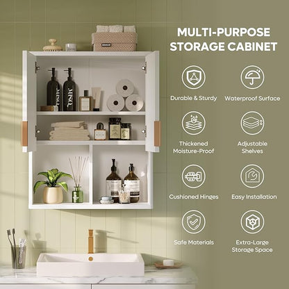 Bestier Fluted Bathroom Wall Cabinet Over The Toilet Storage, 23"x 29" Medicine Cabinet with Adjustable Shelf, Laundry Cabinet Wall Mounted and Kitchen Storage Cabinet(Glossy White)