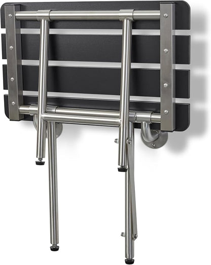 28-inch x 15-inch ADA Bariatric Folding Wall Mount Bathroom Shower Seat Bench with Legs, Black Slatted Phenolic Seat