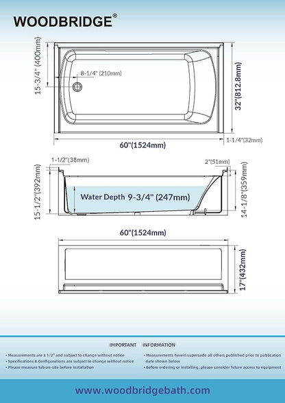 WOODBRIDGE 60” x 32” Alcove Soaking Bathtub in white with Left-Hand Drain Hole