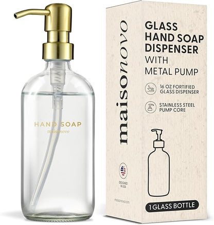 MaisoNovo Soap Dispenser 1-Piece Set | 16.9oz Clear Bottles with Gold Stainless Steel Pump