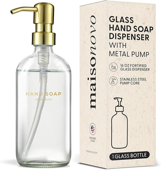 MaisoNovo Soap Dispenser 1-Piece Set | 16.9oz Clear Bottles with Gold Stainless Steel Pump