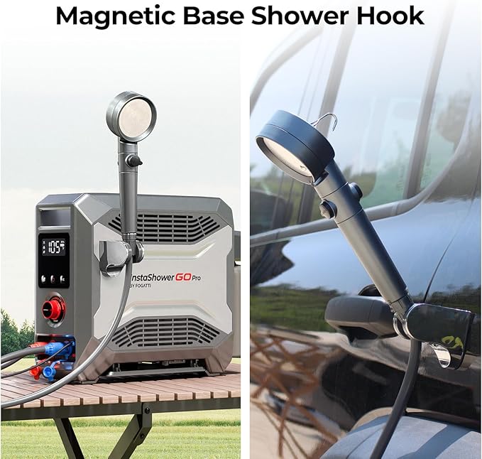 FOGATTI InstaShower GO Pro, Portable Propane Tankless Water Heater 22,000 BTU, with 5000mAh Rechargeable Built-in Battery, DC 12V, Outdoor Camping Shower