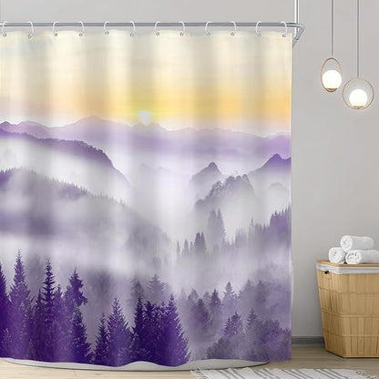 Riyidecor Misty Mountain Shower Curtain 72Wx72H Inch Purple Sunrise Nature Scenery Foggy Pine Tree Woodland Modern Rustic Natural Landscape Bathroom Decor Fabric Polyester Waterproof 12 Pack Hooks