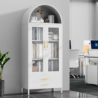 73''H Arched Kitchen Pantry Cabinets with 2 Drawers, Metal Arch Bookcase with Glass Door for Home Office, Assemble Require, White