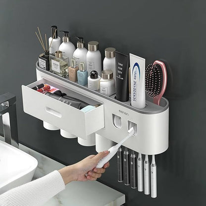 No-Drill Wall Mounted Toothbrush Holder, Bathroom Shelf, with Automatic Toothpaste Dispensers 6 Brush Hooks Magnetic Cups 1 Cosmetic Drawer Organizer and Large Storage (2 Dispensers 4 Cups)