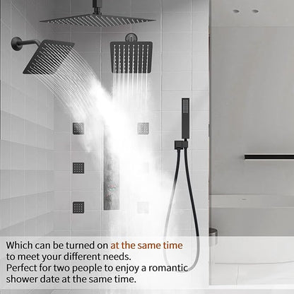Rainfall Shower System with 12+8+8" Three Top Shower Heads, Body Jets and Handheld Shower,Matte Black Full Body Shower System with Digital Display Valve