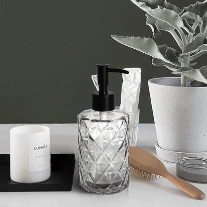2Pcs Clear Glass Soap Dispenser with Pump, 11oz Diamond Design Refillable Soap Dispenser for Hand Wash, Dish Wash for Dishwashing Liquid, Lotions, Essential Oil
