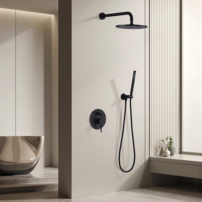 TRUSTMI Matte Black Shower System Wall Mounted Pressure Balance 10-Inch Rainfall Shower Set with Brass Rough-In Diverter Valve and Trim Kit