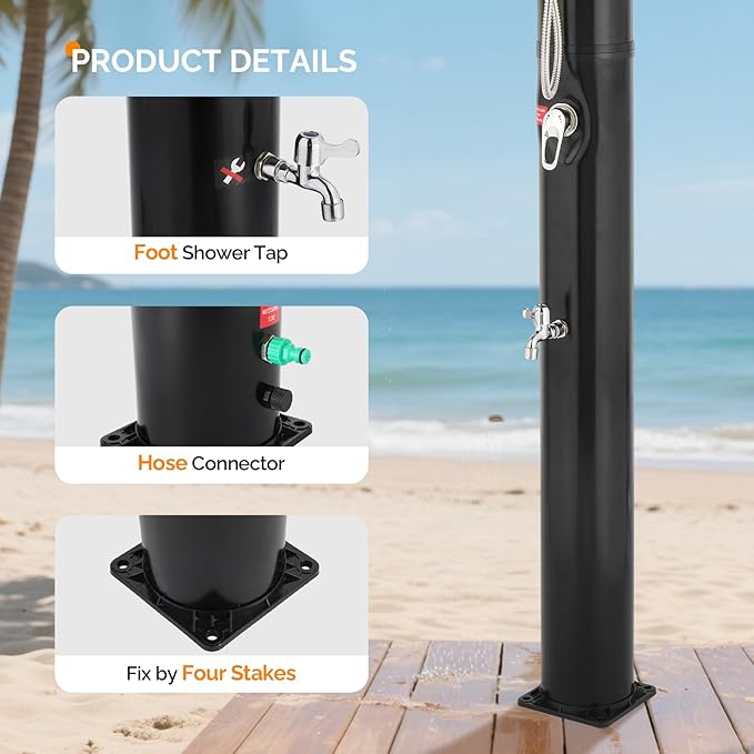 VINGLI Solar Heated Shower,2-Section with Shower Head and Foot Shower Tap，for Outdoor Backyard Poolside Beach Pool Spa,Black (10 Gallon-Black)