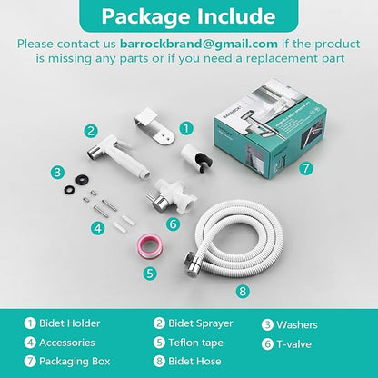 BARROCK Handheld Bidet Sprayer for Toilet, Stainless Steel Metal Made Baby Cloth Diaper Spraying Kit, Bathroom Toilet Bidet Attachment Set for Bathing Pets and Feminine Hygiene, Chrome and White