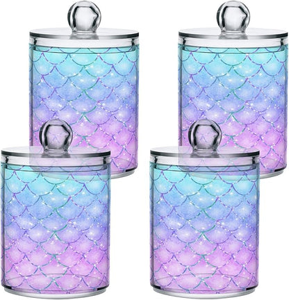 MNSRUU 2 Pack Qtip Holder Organizer Dispenser Pink Blue Mermaid Scales Bathroom Storage Canister Cotton Ball Holder Bathroom Containers for Cotton Swabs/Pads/Floss