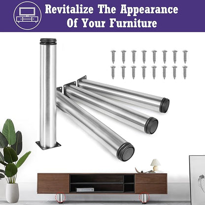 16 Inch Metal Furniture Legs Stainless Steel Adjustable Legs Silver Metal Legs Round Cabinet Legs for Coffee Table Cabinet Desk Sofa Shelves, Pack of 4