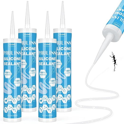 PAULINN Silicone Sealant, 100% Silicone Caulk Clear Waterproof for RV, Kitchen, Bath, General Use, Window, Door, Glass, Marine, 10.2 Oz, 4 Packs
